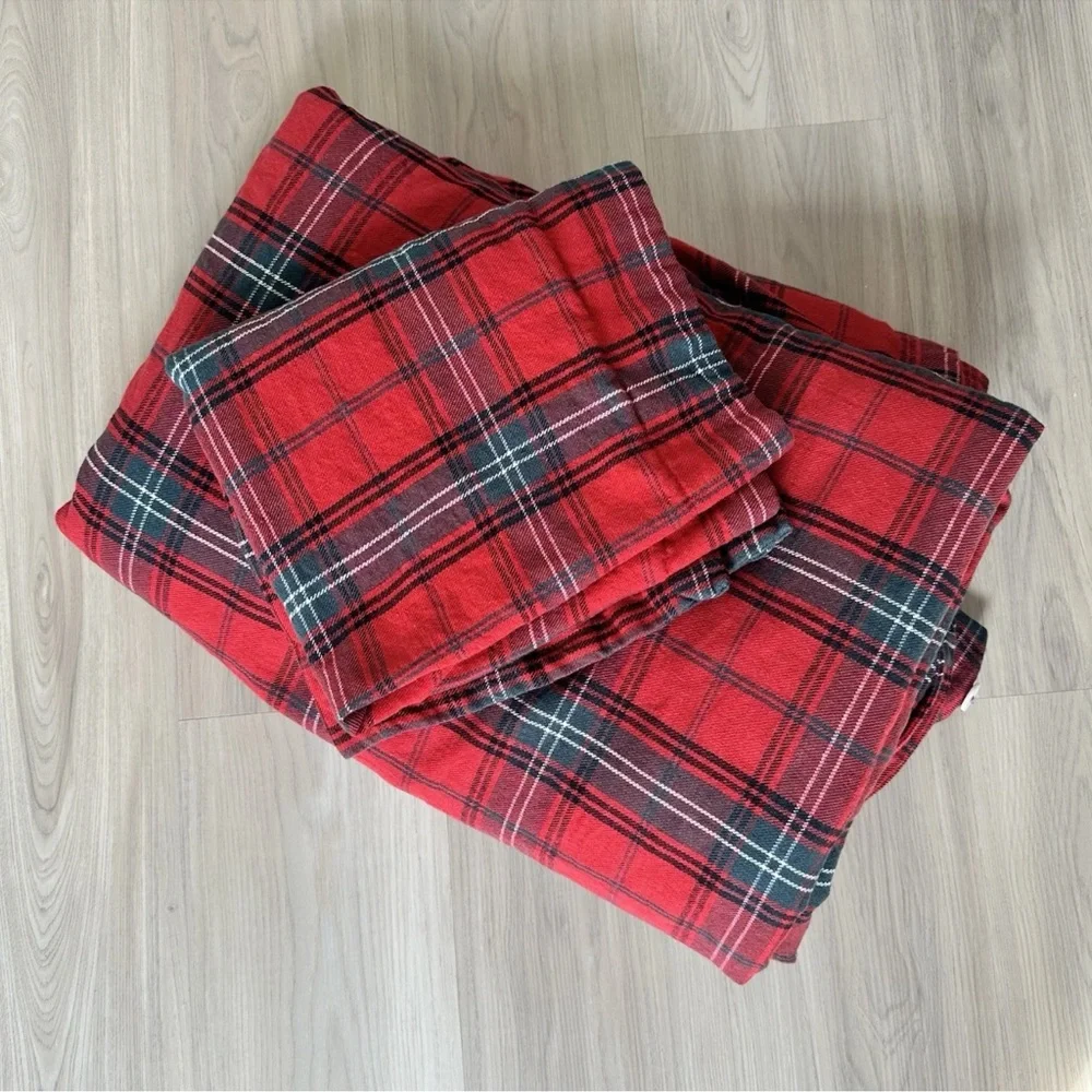 Williams Sonoma Linen Blend Duvet King Size Red Tartan Plaid NO INSERT